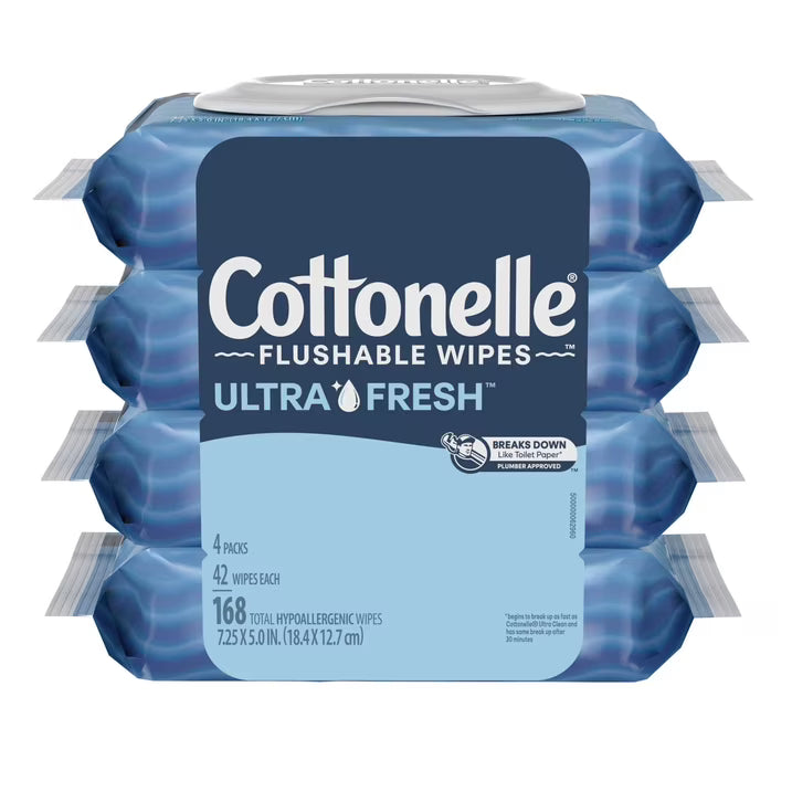Cottonelle Ultra Fresh Flushable Wet Wipes, Fresh Cleansing Bathroom Wipes, 4 Flip-Top Packs