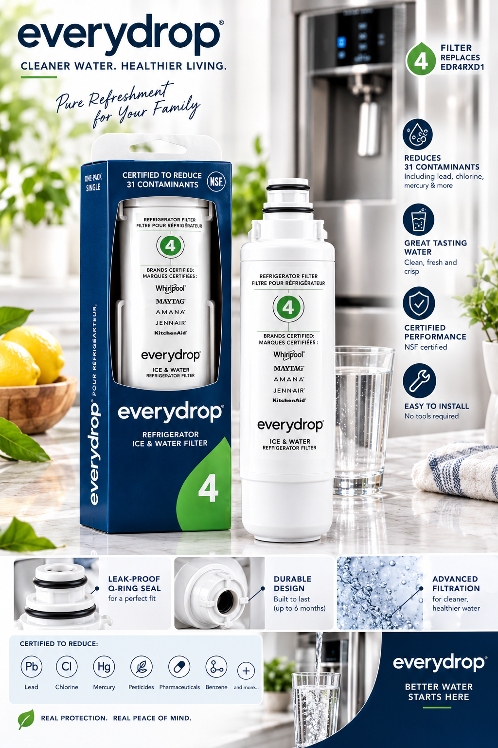 everydrop by Whirlpool Ice & Water Refrigerator Filter 4, Green, EDR4RXD1