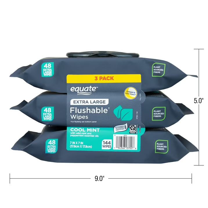 Equate Extra Large Flushable Wet Wipes, Cool Mint Scent, Fresh Cleansing Bathroom Wipes, 144 Count, 3 Pack