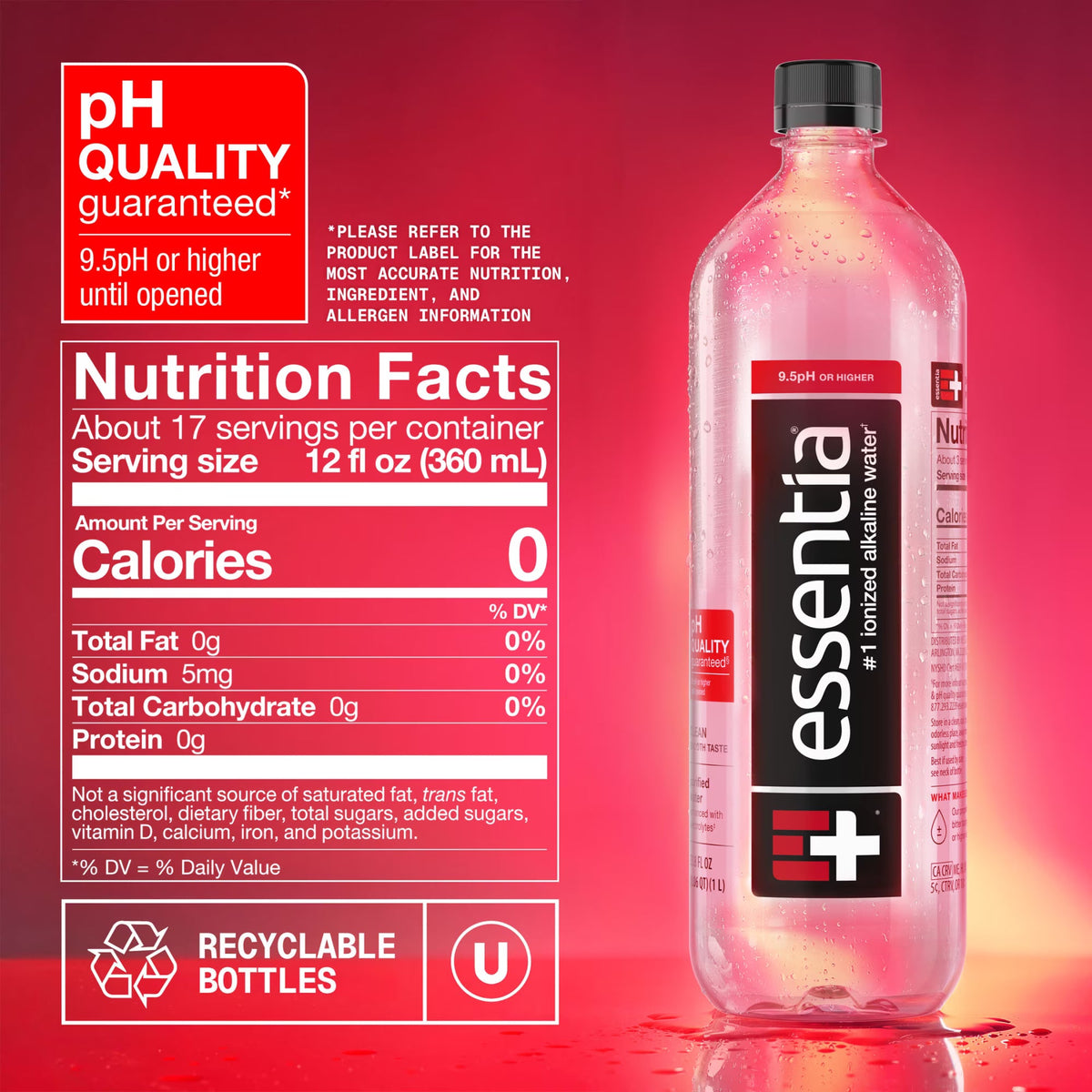 Essentia Ionized Alkaline Bottled Water, 1 Liter Bottles, 6 Pack, 99.9% Pure Water with Electrolytes