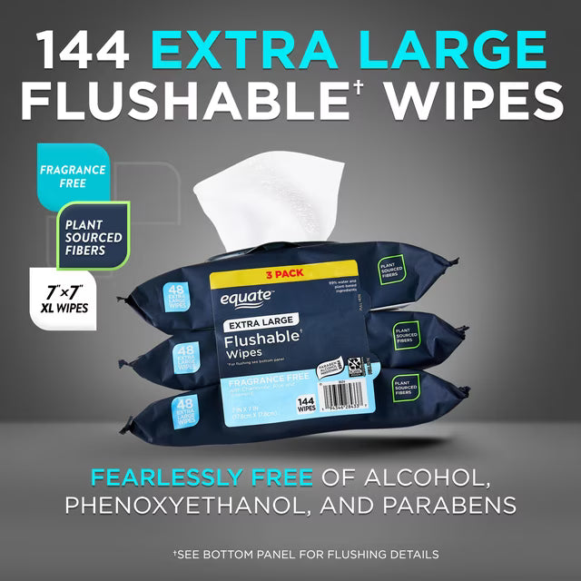 Equate Extra Large Flushable Wet Wipes, Fragrance Free, Gentle Cleansing Bathroom Wipes, 144 Count, 3 Pack