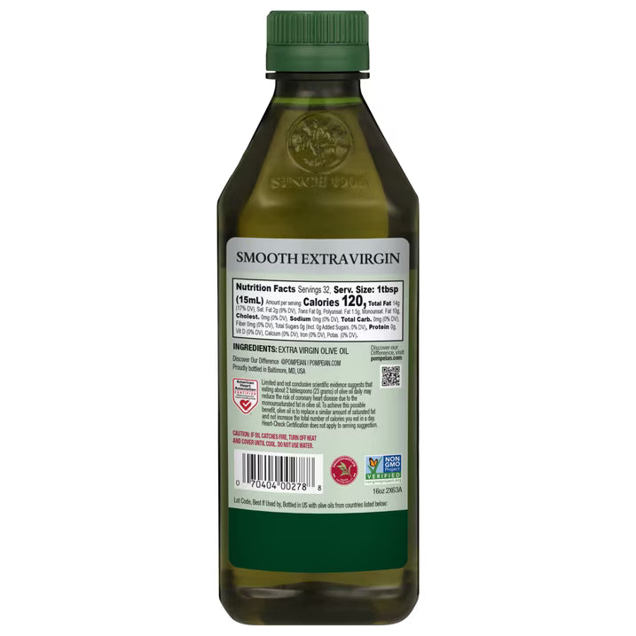Pompeian Smooth Extra Virgin Olive Oil, Mild & Balanced Flavor, Premium Cooking Oil, 16 fl oz Bottle