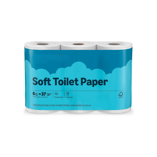 Amazon Basics 2-Ply Soft Toilet Paper, 6 Rolls, 350 Sheets per Roll, Equivalent to 37 Regular Rolls, Septic Safe