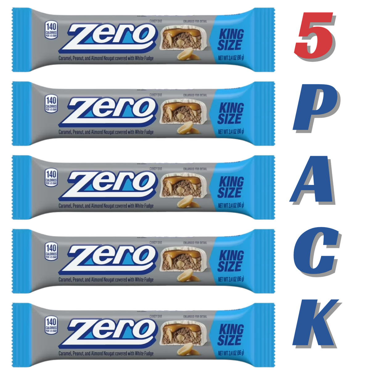 ( 5 PACK ) Zero White Fudge, Caramel, Peanut, Almond Nougat King Size Candy, Bar 3.4 oz