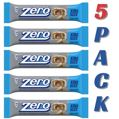 ( 5 PACK ) Zero White Fudge, Caramel, Peanut, Almond Nougat King Size Candy, Bar 3.4 oz