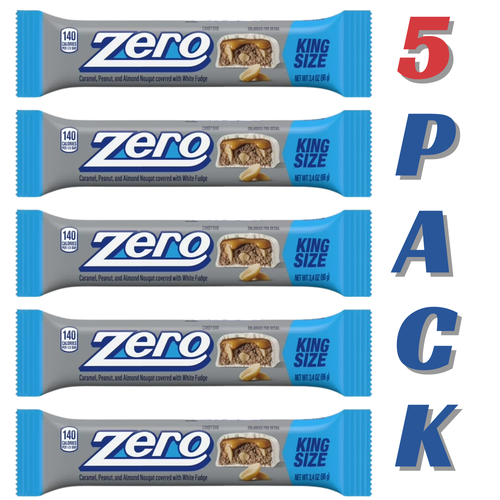 ( 5 PACK ) Zero White Fudge, Caramel, Peanut, Almond Nougat King Size Candy, Bar 3.4 oz