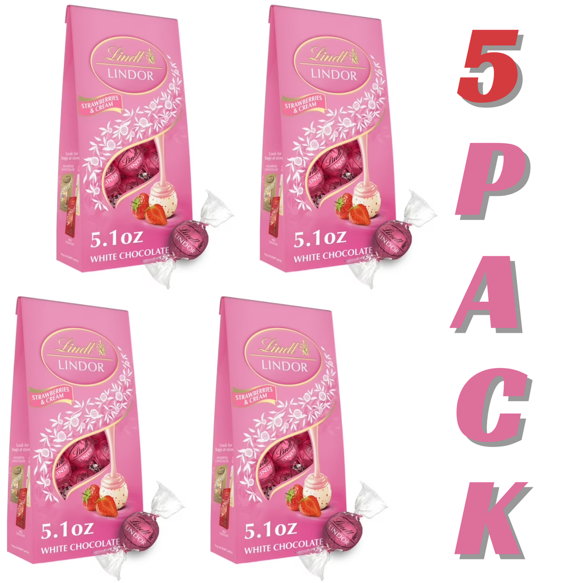 Lindt LINDOR Strawberries & Cream White Chocolate Truffles, Premium White Chocolate Candy with Strawberry Cream Filling, 5 Pack (5.1 oz Bags)