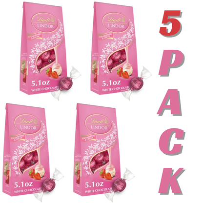 Lindt LINDOR Strawberries & Cream White Chocolate Truffles, Premium White Chocolate Candy with Strawberry Cream Filling, 5 Pack (5.1 oz Bags)