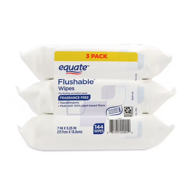Equate Flushable Wet Wipes, Fragrance Free, Gentle Cleansing Bathroom Wipes, 144 Count, 3 Pack
