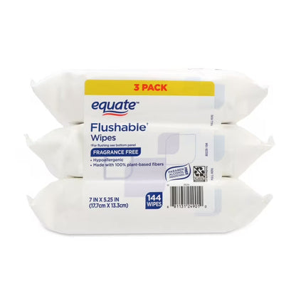 Equate Flushable Wet Wipes, Fragrance Free, Gentle Cleansing Bathroom Wipes, 144 Count, 3 Pack