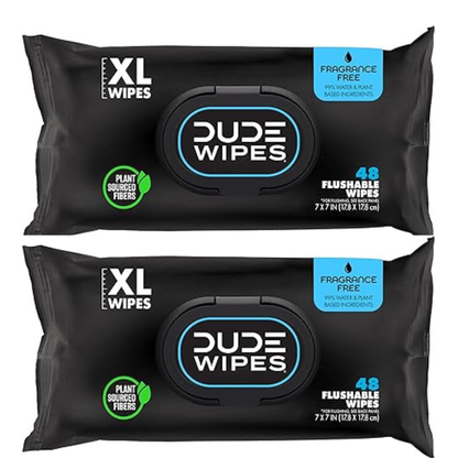 DUDE Wipes Unscented Flushable Wipes (2-Pack, 48 Count Each) – Extra-Large Adult Wet Wipes with Vitamin E & Aloe | Septic Safe