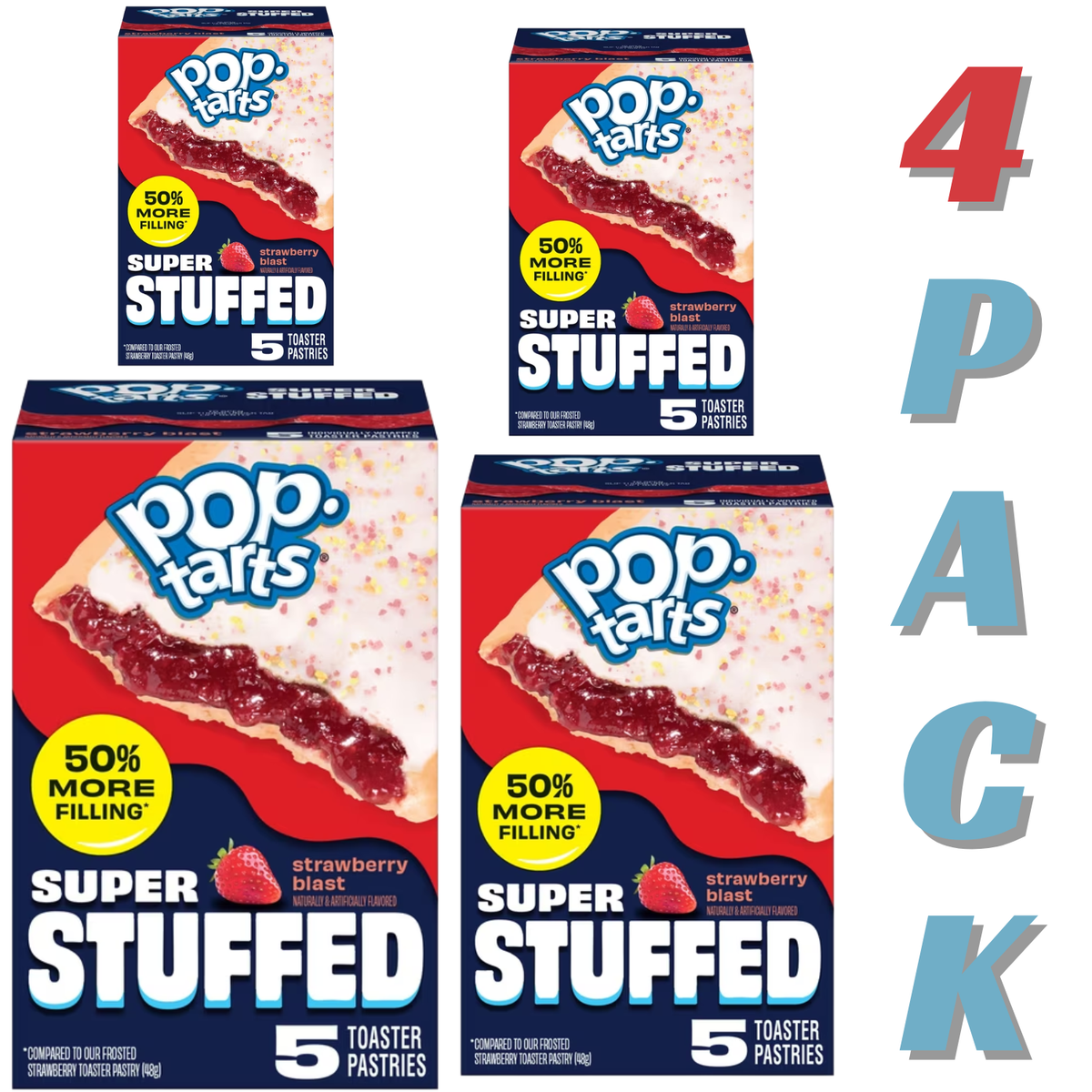 ( 4 pPop-Tarts Super Stuffed Strawberry Blast Toaster Pastries, 50% More Filling, Shelf-Stable, 10.9 oz (20 Count)