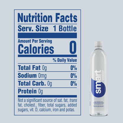 smartwater Vapor Distilled Water, 33.8 fl oz Bottle, Premium Purified Water with Electrolytes for Taste