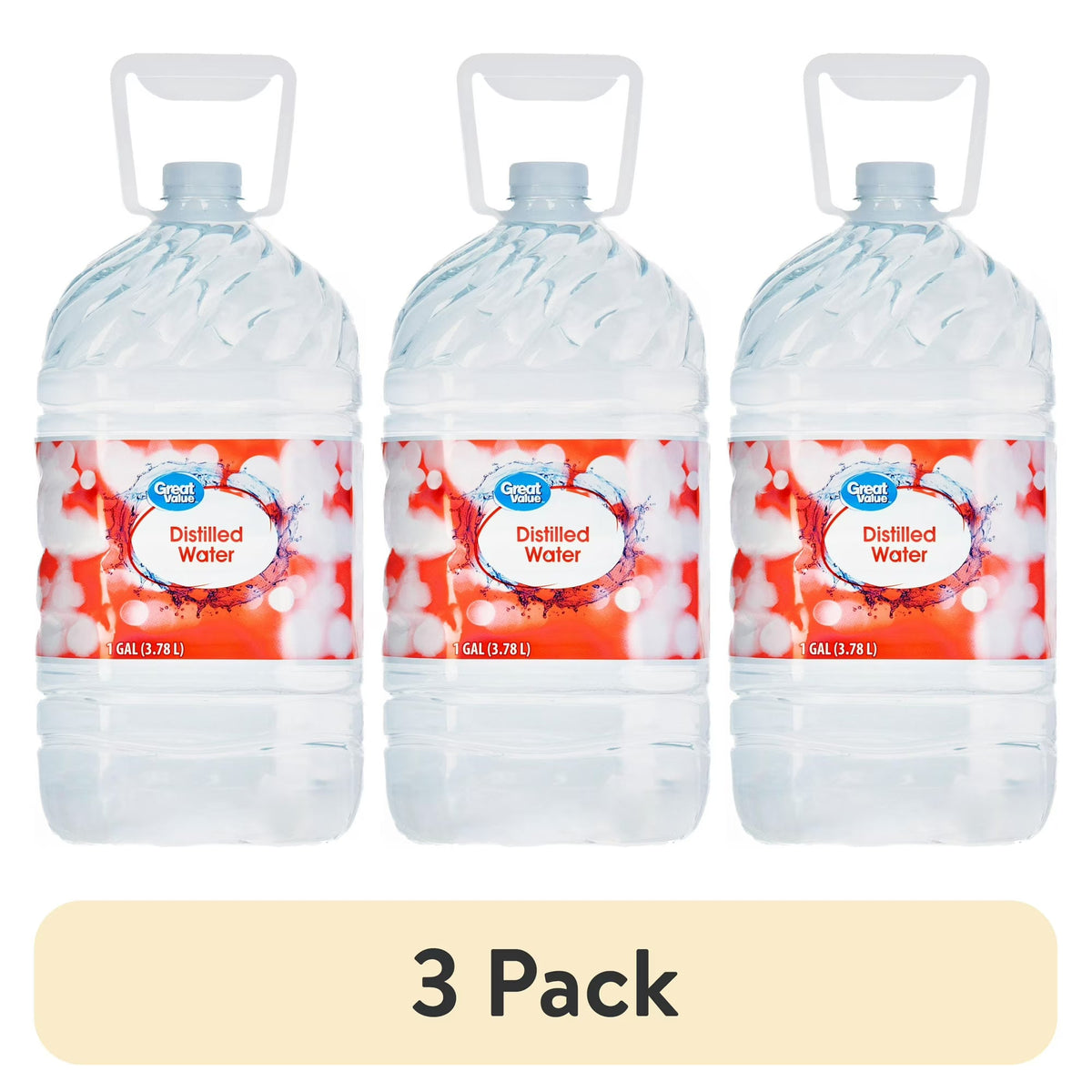 Great Value Distilled Water, 1 Gallon (128 fl oz) Jugs, 3 Pack, High-Purity Distilled Water for Household & Everyday Use