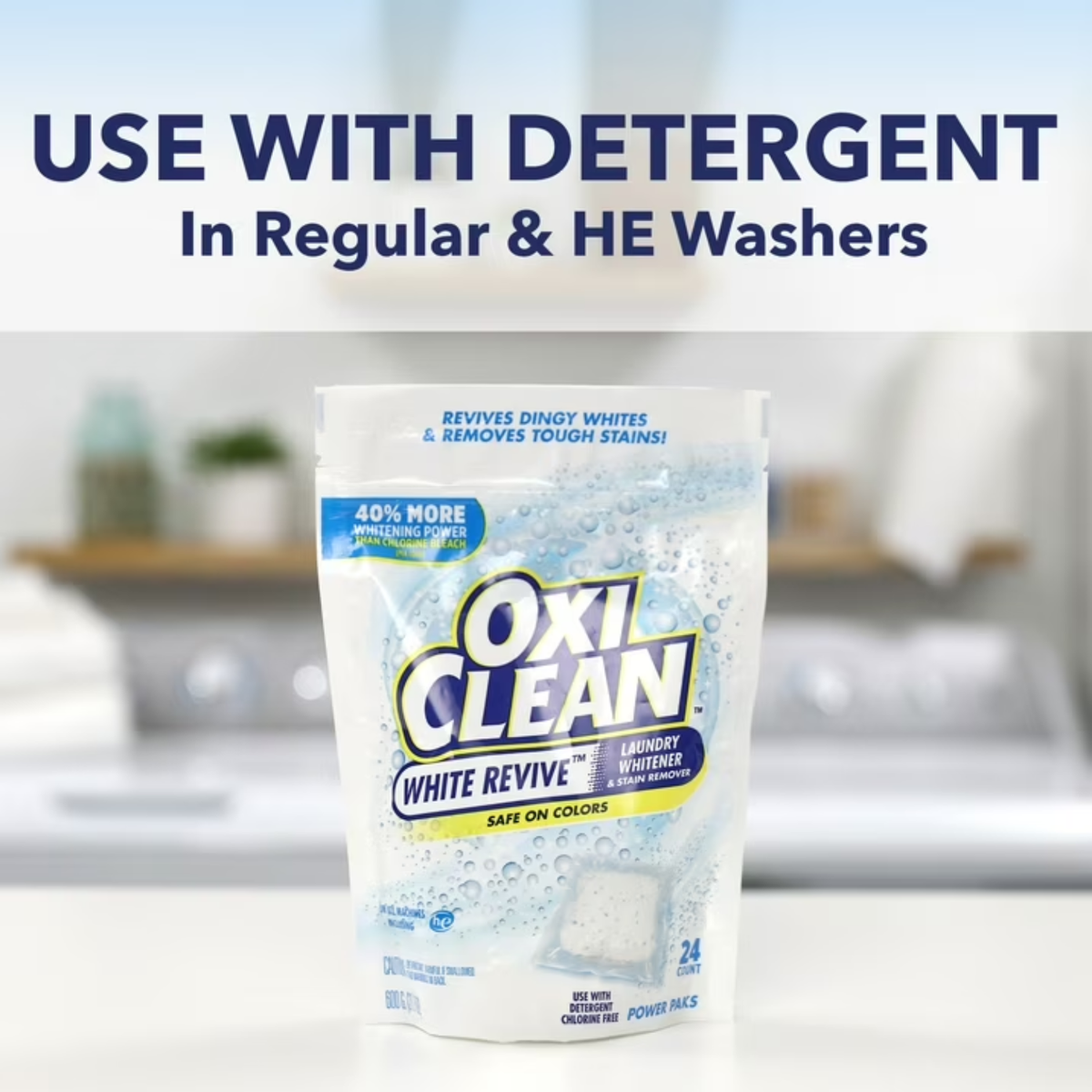 OxiClean White Revive Laundry Whitener & Stain Remover Power Paks, Chlorine-Free Whitening Formula, 24 Count
