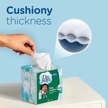 Puffs Plus Lotion Facial Tissues – 1 Family Rectangle Box (124 Tissues) | Soothing Relief for Allergies & Colds