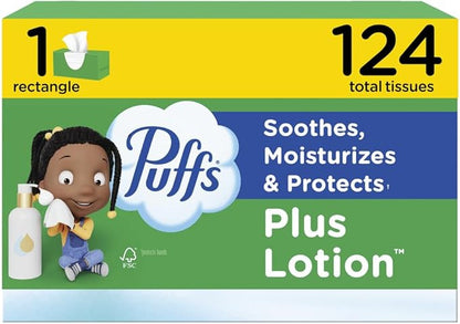 Puffs Plus Lotion Facial Tissues – 1 Family Rectangle Box (124 Tissues) | Soothing Relief for Allergies & Colds