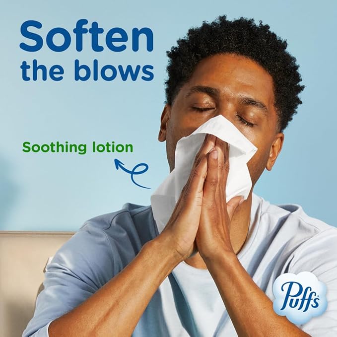 Puffs Plus Lotion Facial Tissues – 1 Family Rectangle Box (124 Tissues) | Soothing Relief for Allergies & Colds