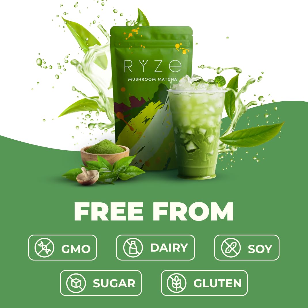 RYZE Organic Mushroom Matcha with 6 Adaptogenic Mushrooms, 30 Servings