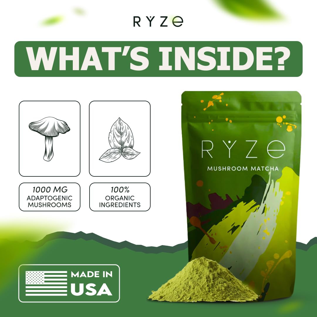 RYZE Organic Mushroom Matcha with 6 Adaptogenic Mushrooms, 30 Servings