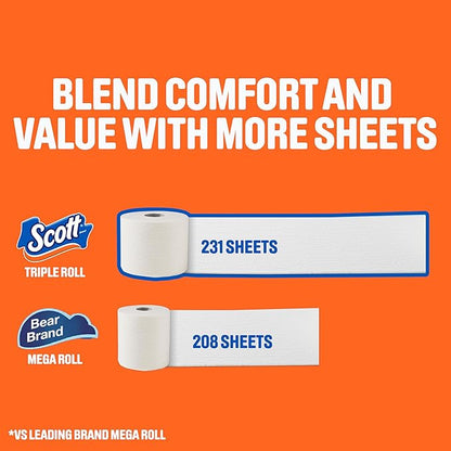 Scott ComfortPlus Toilet Paper, 12 Triple Rolls, 231 Sheets per Roll, Septic-Safe, 1-Ply Toilet Tissue