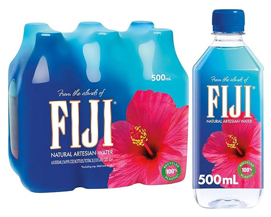 FIJI Natural Artesian Water, 500mL (16.9 Fl Oz) – 6-Pack | Premium Sustainable Hydration in 100% Recycled Plastic
