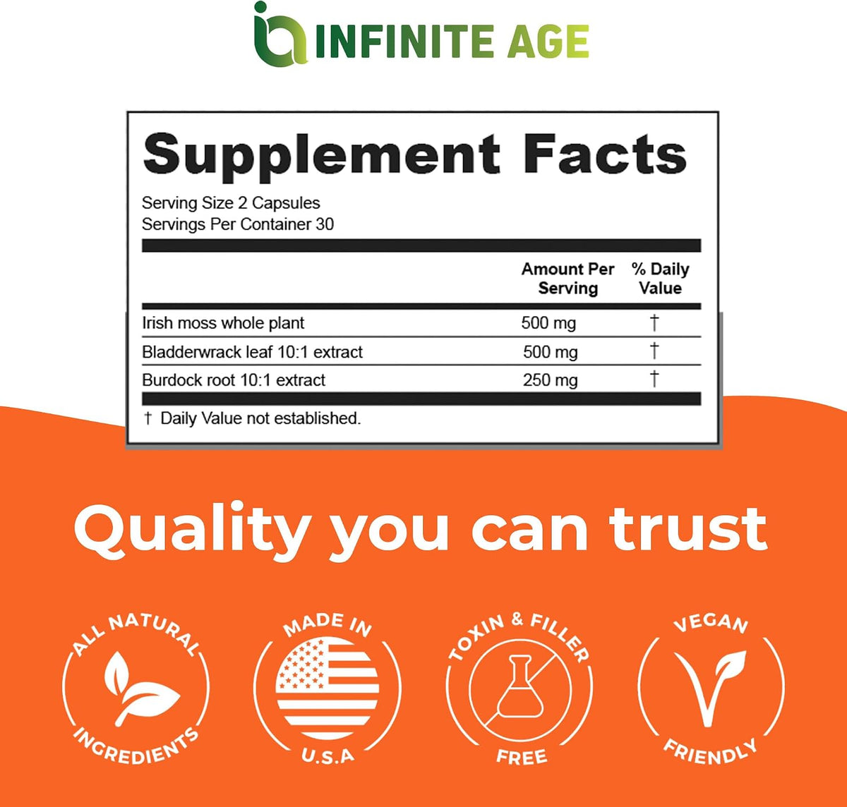 INFINITE AGE Sea Moss Capsules, 1250mg Irish Moss Blend - 60 Count