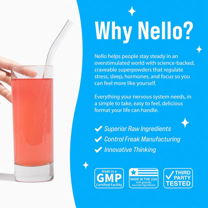 Nello Supercalm Powdered Drink Mix, Cortisol Reducer and Sleep Aid Supplement, L Theanine, Ksm-66 Ashwagandha, Magnesium Glycinate, Vitamin D 3, No Sugar, Non GMO, On The Go, 20 Ct, Raspberry Lemonade