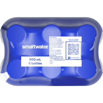 smartwater Vapor Distilled Water, 16.9 fl oz Bottles, 6 Pack, Premium Purified Water with Electrolytes for Taste