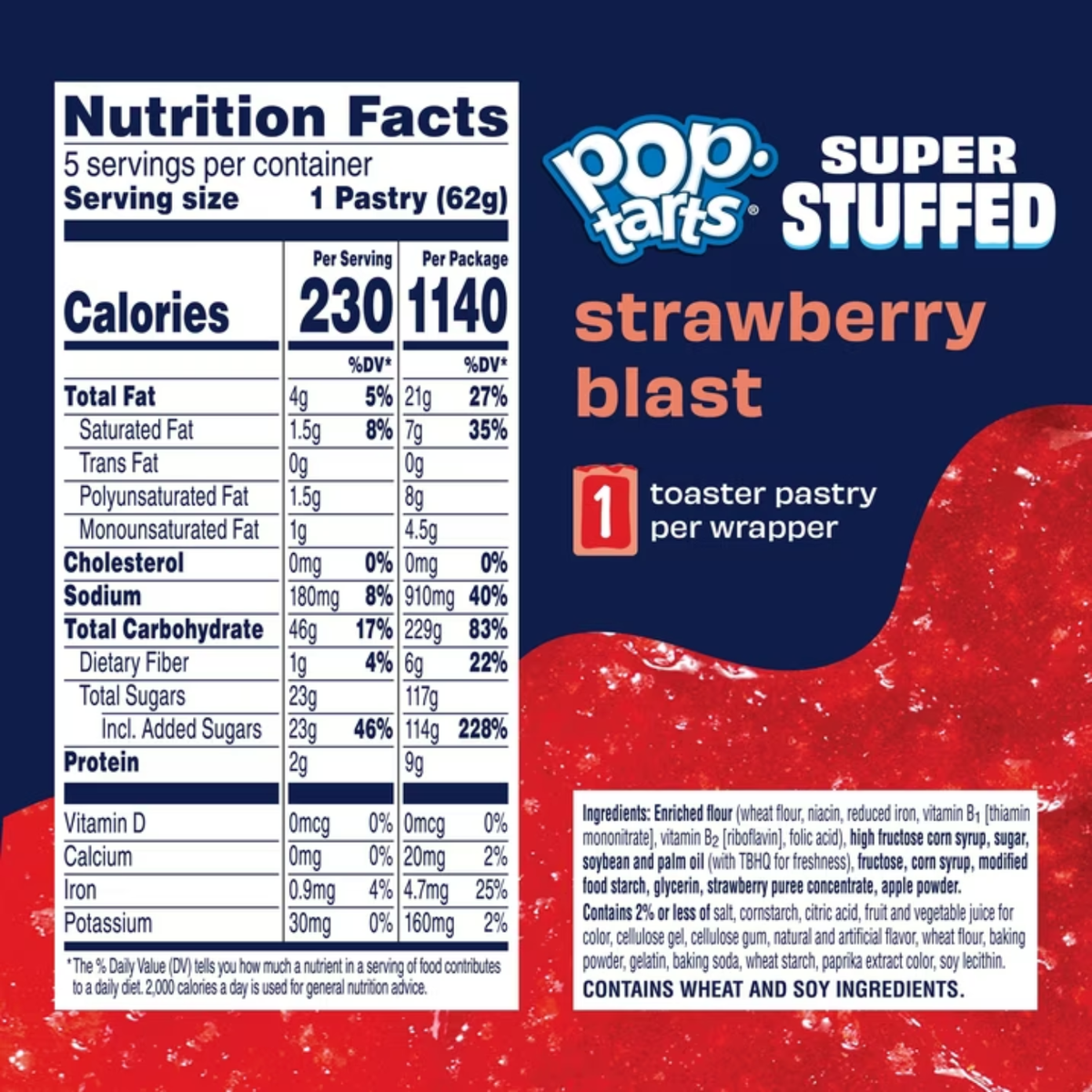 ( 4 pPop-Tarts Super Stuffed Strawberry Blast Toaster Pastries, 50% More Filling, Shelf-Stable, 10.9 oz (20 Count)