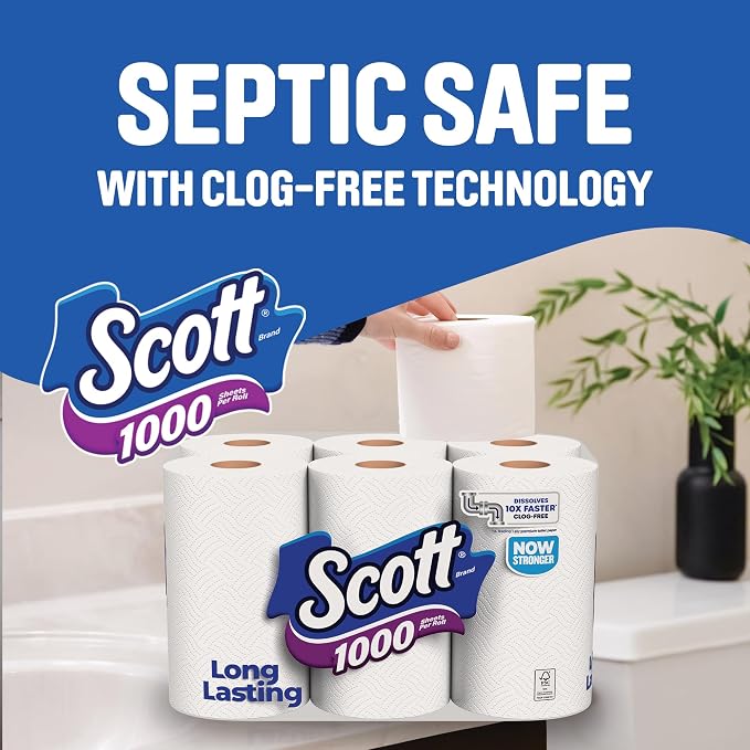 Scott 1000 Toilet Paper, 18 Rolls, Septic-Safe, 1-Ply Toilet Tissue
