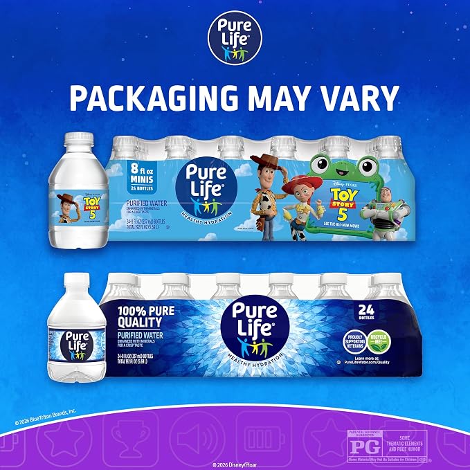 Pure Life Bottled Drinking Water, 48 Pack, 8 Fl Oz Each, Purified Water Enhanced with Minerals, Crisp Refreshing Taste, Toy Story 5 Packaging