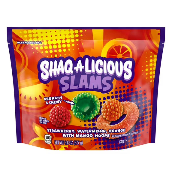 Shaq-A-Licious Slams Gummies, Fruit Flavored Chewy Gummy Candy, Soft & Chewy Assorted Fruit Flavors, 9.8 oz Bag
