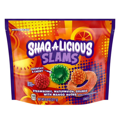 Shaq-A-Licious Slams Gummies, Fruit Flavored Chewy Gummy Candy, Soft & Chewy Assorted Fruit Flavors, 9.8 oz Bag