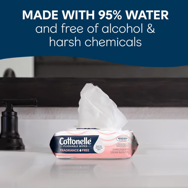 Cottonelle Fragrance Free Flushable Wet Wipes, Gentle Cleansing Bathroom Wipes, 4 Flip-Top Packs