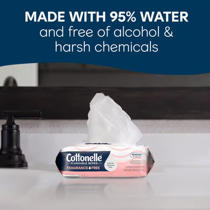 Cottonelle Fragrance Free Flushable Wet Wipes, Gentle Cleansing Bathroom Wipes, 4 Flip-Top Packs
