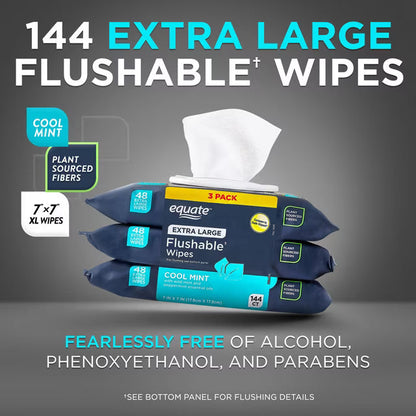 Equate Extra Large Flushable Wet Wipes, Cool Mint Scent, Fresh Cleansing Bathroom Wipes, 144 Count, 3 Pack