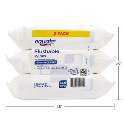 Equate Flushable Wet Wipes, Fragrance Free, Gentle Cleansing Bathroom Wipes, 144 Count, 3 Pack