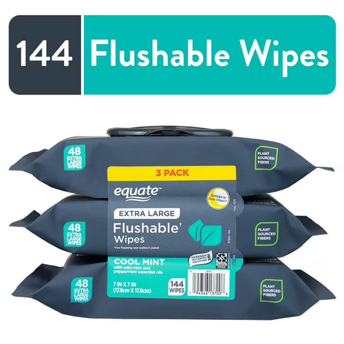 Equate Extra Large Flushable Wet Wipes, Cool Mint Scent, Fresh Cleansing Bathroom Wipes, 144 Count, 3 Pack