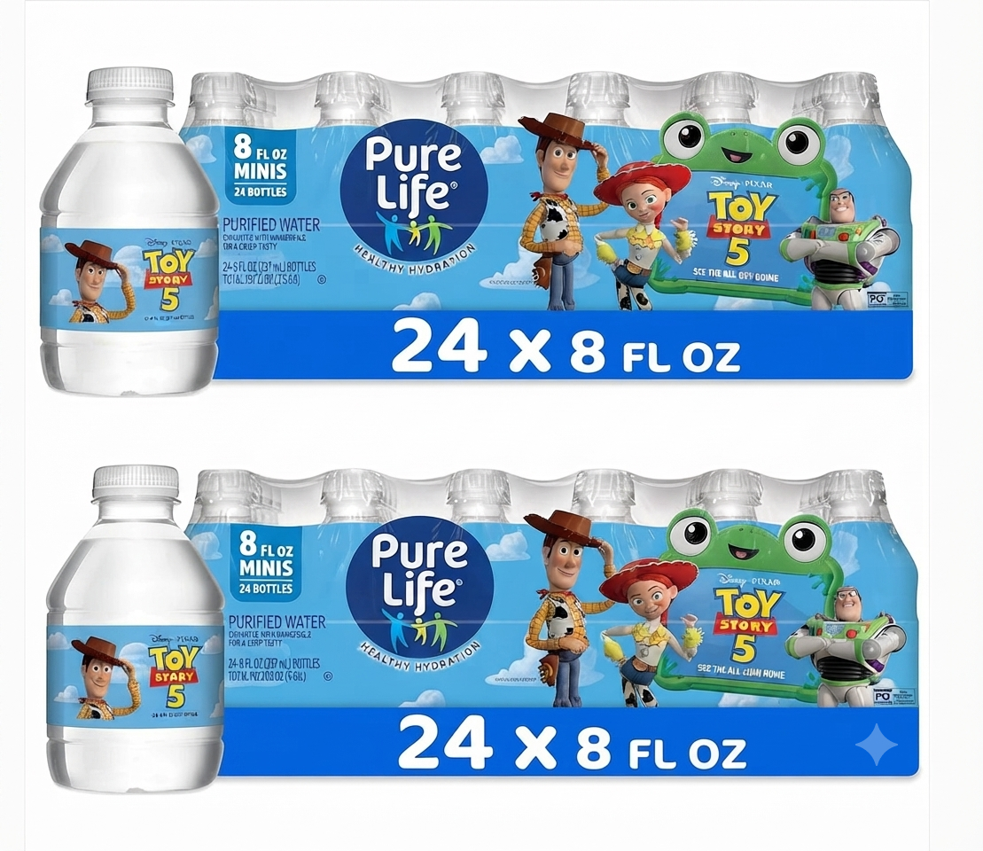 Pure Life Bottled Drinking Water, 48 Pack, 8 Fl Oz Each, Purified Water Enhanced with Minerals, Crisp Refreshing Taste, Toy Story 5 Packaging