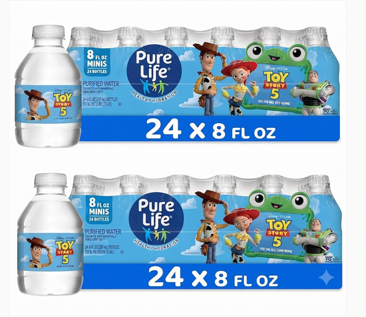 Pure Life Bottled Drinking Water, 48 Pack, 8 Fl Oz Each, Purified Water Enhanced with Minerals, Crisp Refreshing Taste, Toy Story 5 Packaging