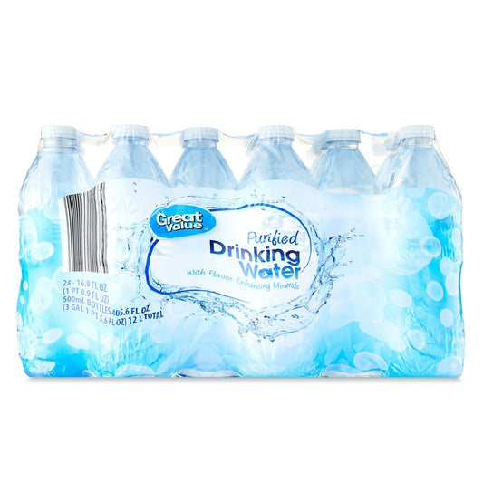 Great Value Purified Drinking Water, Bottled Water, 16.9 fl oz Bottles, 24 Count Pack
