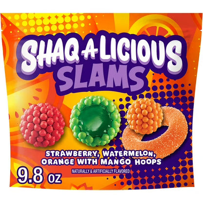 Shaq-A-Licious Slams Gummies, Fruit Flavored Chewy Gummy Candy, Soft & Chewy Assorted Fruit Flavors, 9.8 oz Bag