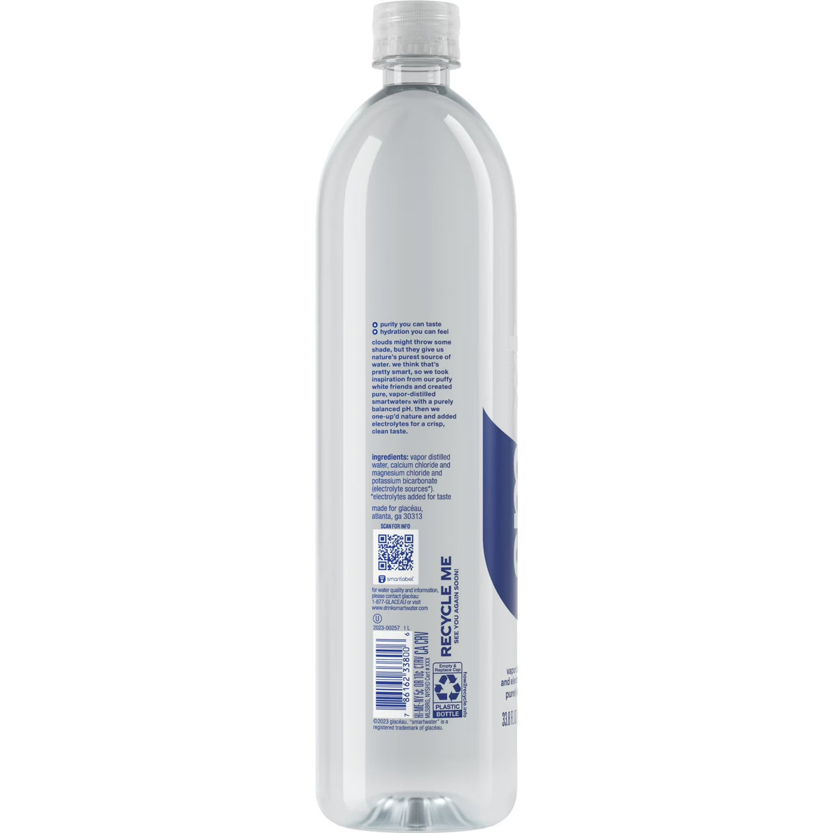 smartwater Vapor Distilled Water, 33.8 fl oz Bottle, Premium Purified Water with Electrolytes for Taste