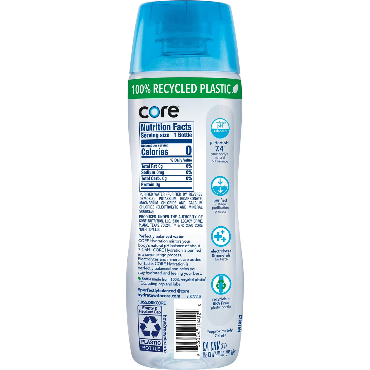 CORE Hydration Perfectly Balanced Water, 20 fl oz Bottle, pH 7.4, Purified Water with Electrolytes & Minerals, Cup Cap