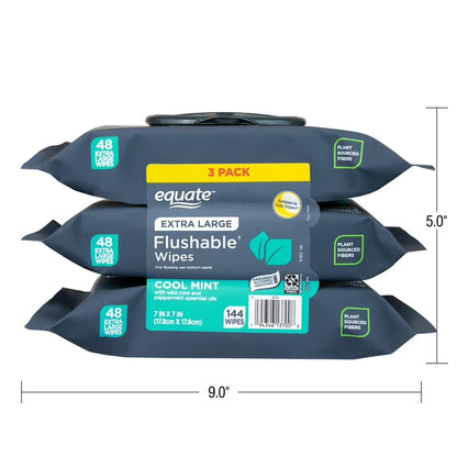 Equate Extra Large Flushable Wet Wipes, Cool Mint Scent, Fresh Cleansing Bathroom Wipes, 144 Count, 3 Pack