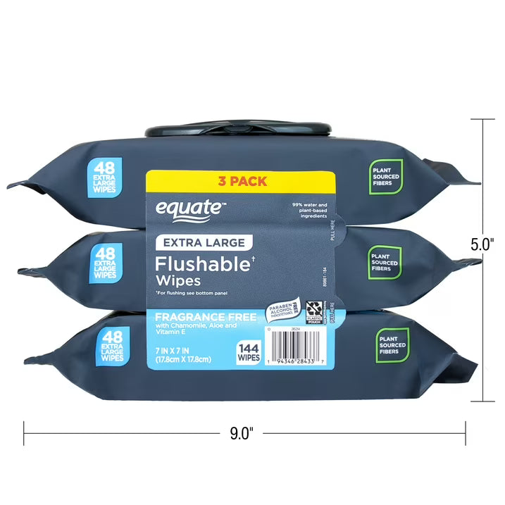 Equate Extra Large Flushable Wet Wipes, Fragrance Free, Gentle Cleansing Bathroom Wipes, 144 Count, 3 Pack