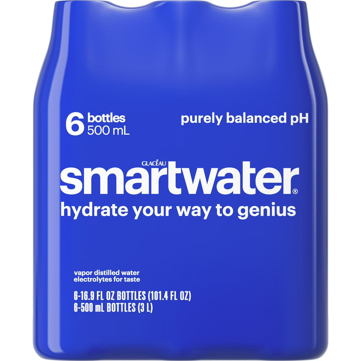 smartwater Vapor Distilled Water, 16.9 fl oz Bottles, 6 Pack, Premium Purified Water with Electrolytes for Taste