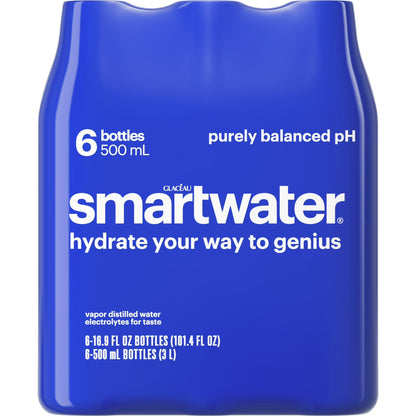 smartwater Vapor Distilled Water, 16.9 fl oz Bottles, 6 Pack, Premium Purified Water with Electrolytes for Taste