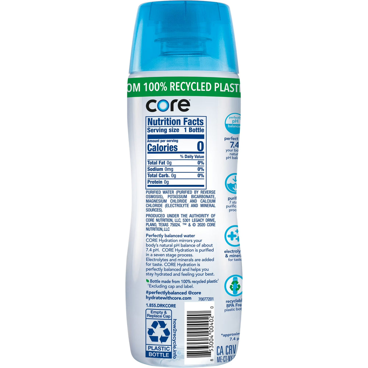 CORE Hydration Perfectly Balanced Water, 20 fl oz Bottle, pH 7.4, Purified Water with Electrolytes & Minerals, Cup Cap